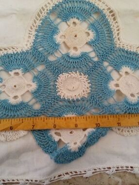 Mid Century Handmade Blue White Crochet Trim Pillowcase